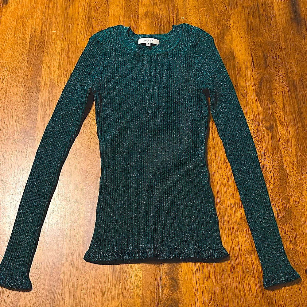 MILLY Green Metallic Sparkle Glitter Long Sleeve Ribbed Sweater Blouse Small